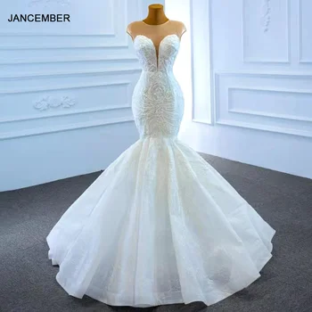 J67213 Белое свадебное платье Meimaid 2020 С аппликациями и жемчугом, V-образный вырез, рукав-кепка со шнуровкой сзади