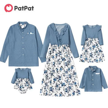 PatPat/ Новые весенние одинаковые джинсовые комплекты для семьи, праздничное платье (платья с V-образным вырезом и цветочными воланами, Однотонные рубашки на пуговицах спереди, Комбинезон)