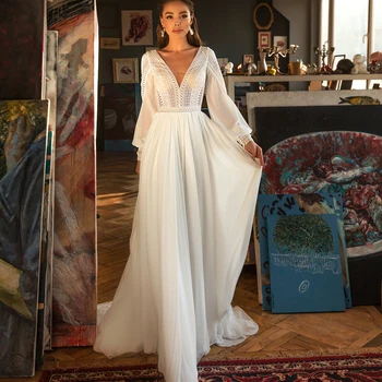 Винтажное богемное кружевное свадебное платье с глубоким V-образным вырезом и длинными рукавами Vestido de Novia, Шифоновое Пляжное свадебное платье 2022