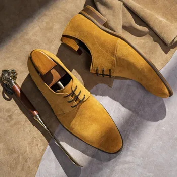 Итальянские замшевые мужские модельные туфли класса Люкс из натуральной кожи, Осень 2023, Элегантная винтажная обувь ручной работы цвета Хаки для свадебных светских вечеринок