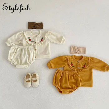 Новая одежда для девочек, весенне-осенний детский костюм с вышивкой, хлопковый детский кардиган + хлебные штаны, процесс вышивки, костюм из 2 предметов