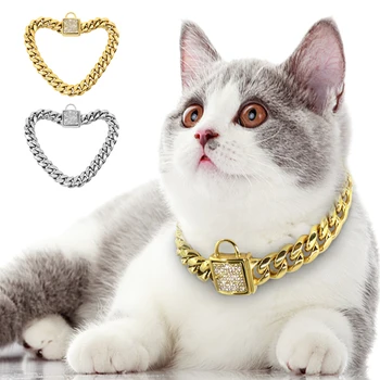 Ошейник-цепочка для кошек из нержавеющей стали, Роскошное ожерелье для щенков, Цепочка для кошек, Крутые панковские Ошейники для домашних животных, Вечерние Ожерелья для кошек, маленьких собак, Золото
